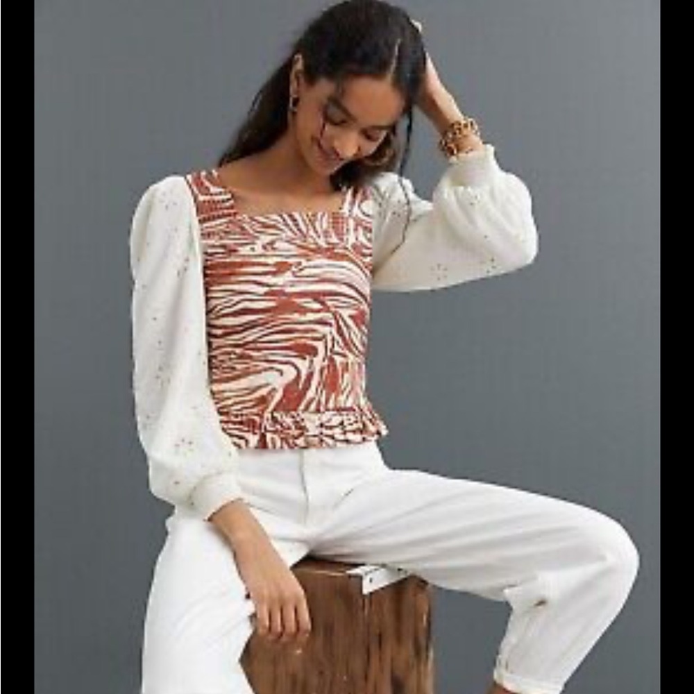 Anthropologie Women's Brown and Cream Top